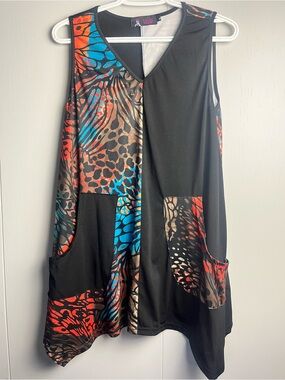 Model France Abstract Print Tunic Dress Oversized Pocket Lagenlook Art To Wear.